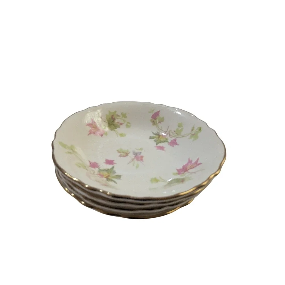 Homer Laughlin Maple Leaf Fruit Bowls Set of 4 Pink Green Gold Trim K 48 N 6